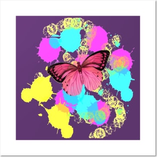 1980s girly cute colorful paint splatter pink butterfly Posters and Art